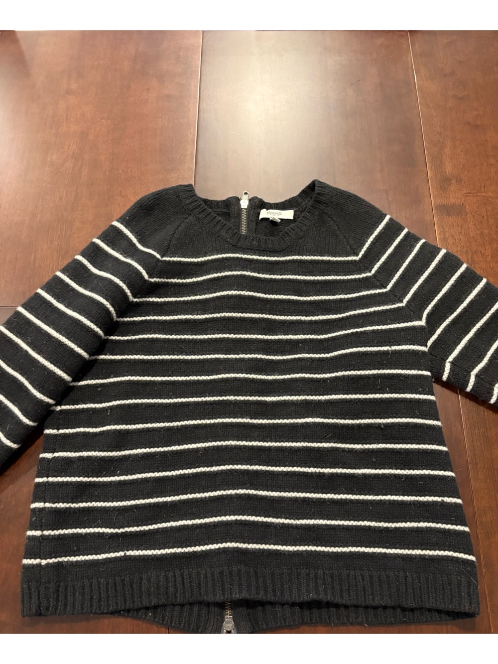 Madewell Black and White Striped Knit Sweater 100% merino wool medium zip up